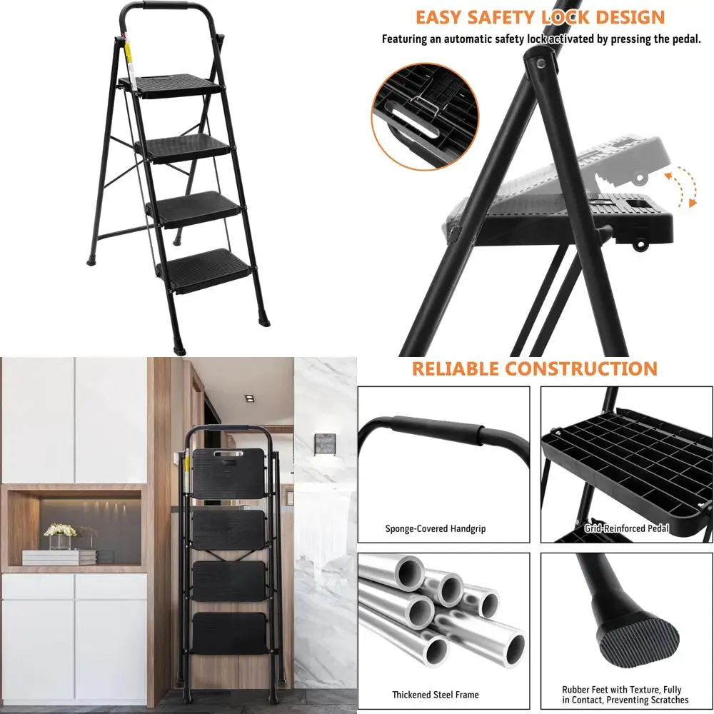 

Portable Lightweight Collapsible Folding Metal Step Ladder with Anti-Slip Wide Steps and Handgrip for Sturdy Use