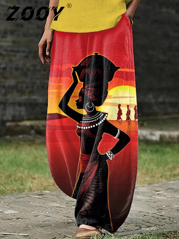 

S-5XL Long Pants Loose Casual Reggae Tie Dye Cartoon Printed Cotton Women Pocket Long Pants Personalized Floor Mop Pants ZOOY