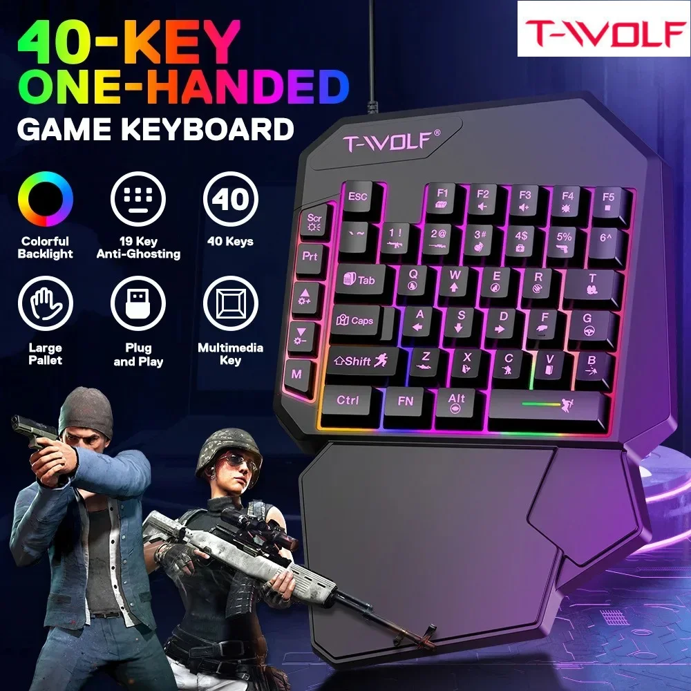T-WOLF 40keys One Handedly Single Hand Mini Gaming Keyboard USB Wired Backlight Keyboard for Laptop Desktop PC Smartphone