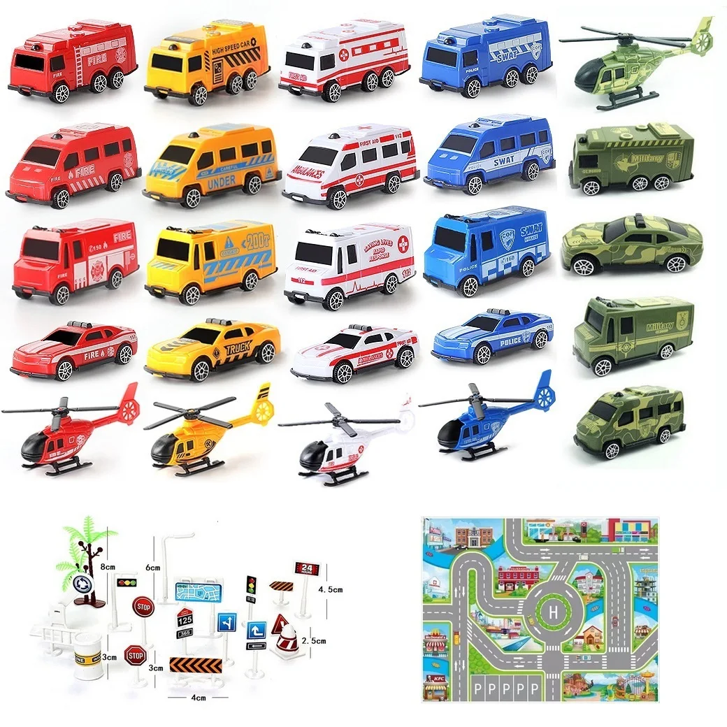 

Car Set Toys For Children Helicopter Traffic Sign Plastic Vehicle Fire Truck Taxi Model Game Kids New Year Christmas Gift