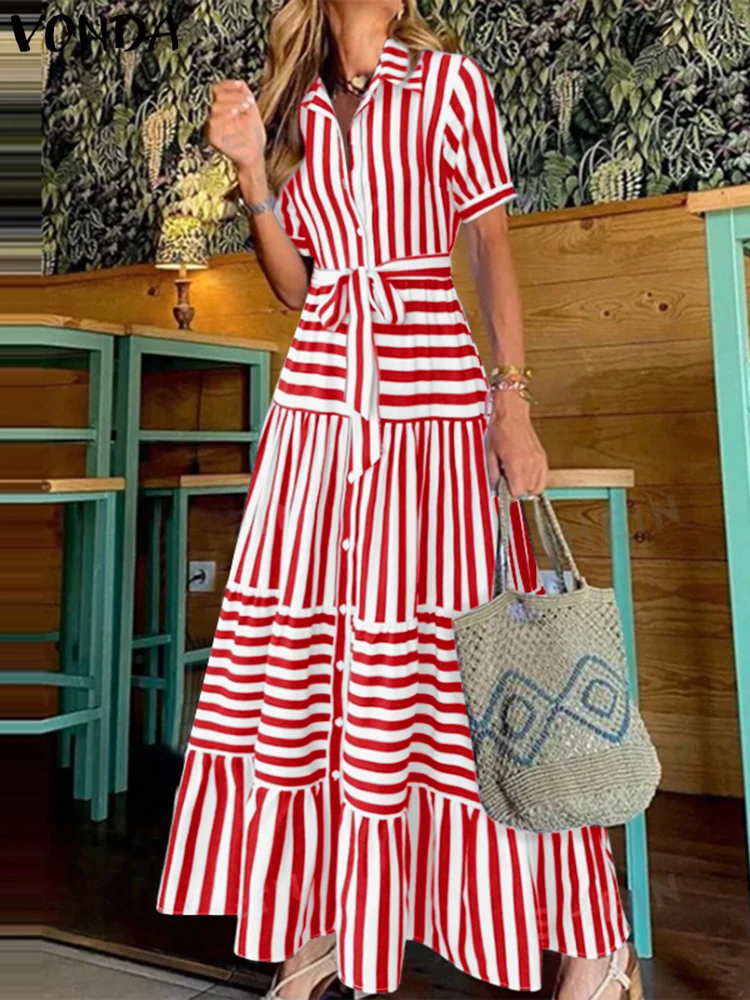 Plus Size Dress 2025 Woman Bohemian Striped Sundress Summer Ruffled Vestidos VONDA Casual Loose Lapel Neck Printing Belt Robe