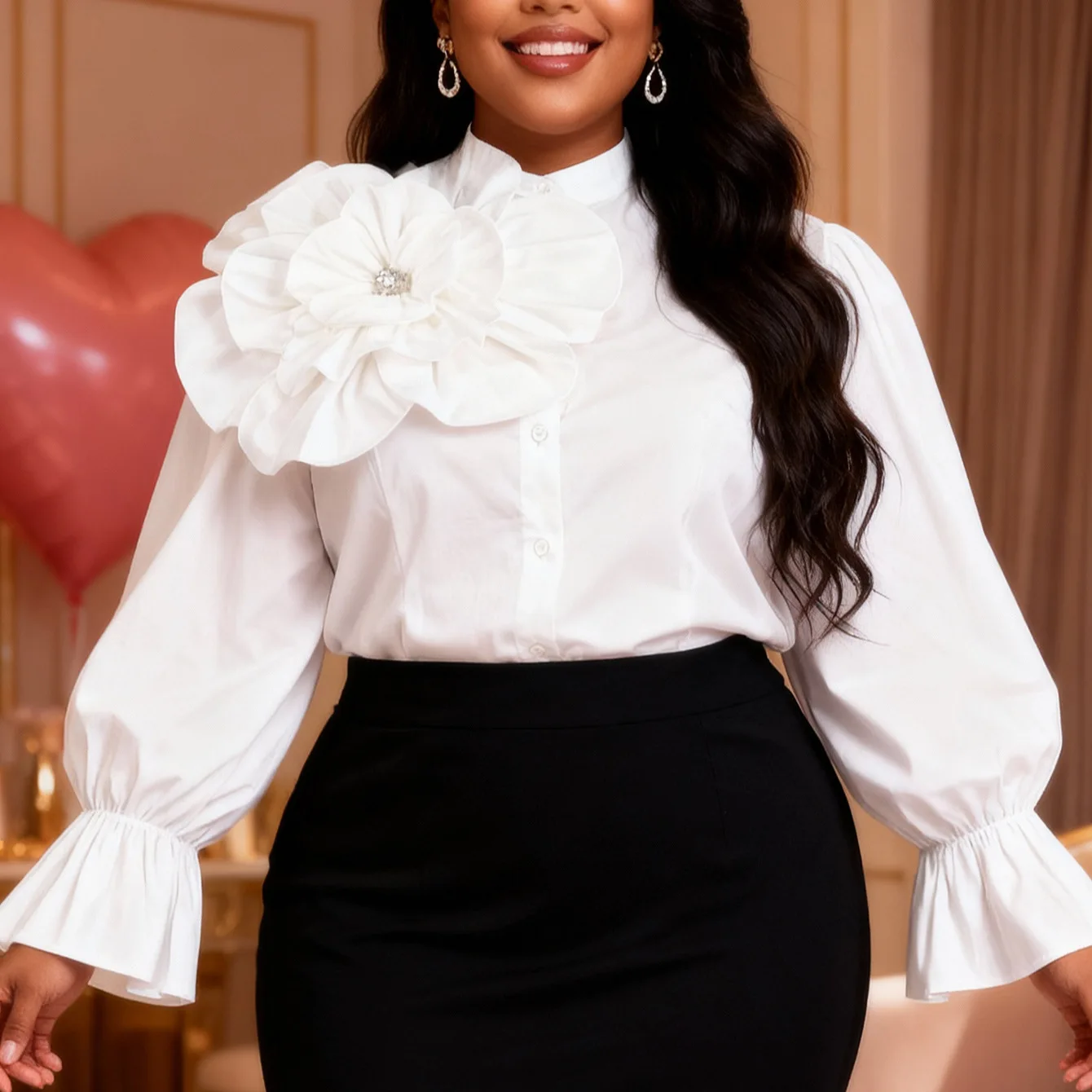 

White Puff Sleeve Plus Blouse Women Ruffle Cuffs Stand Collar Button Down Shirt 3D Floral Rhinestone Decor Elegant Office Top