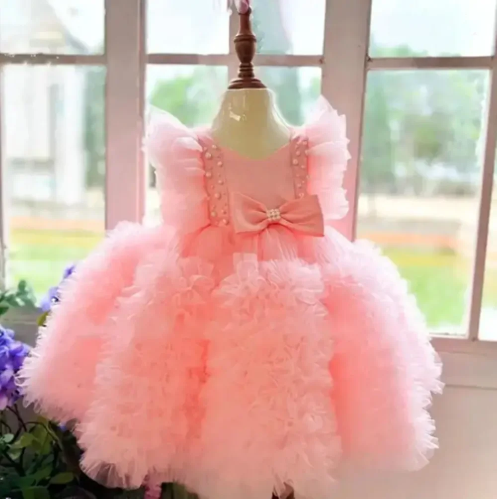 

Customized Pink Flower Girl Dresses For Wedding Tiered Square Collar Pearls With Bow Kids Birthday Party First Communion Gown