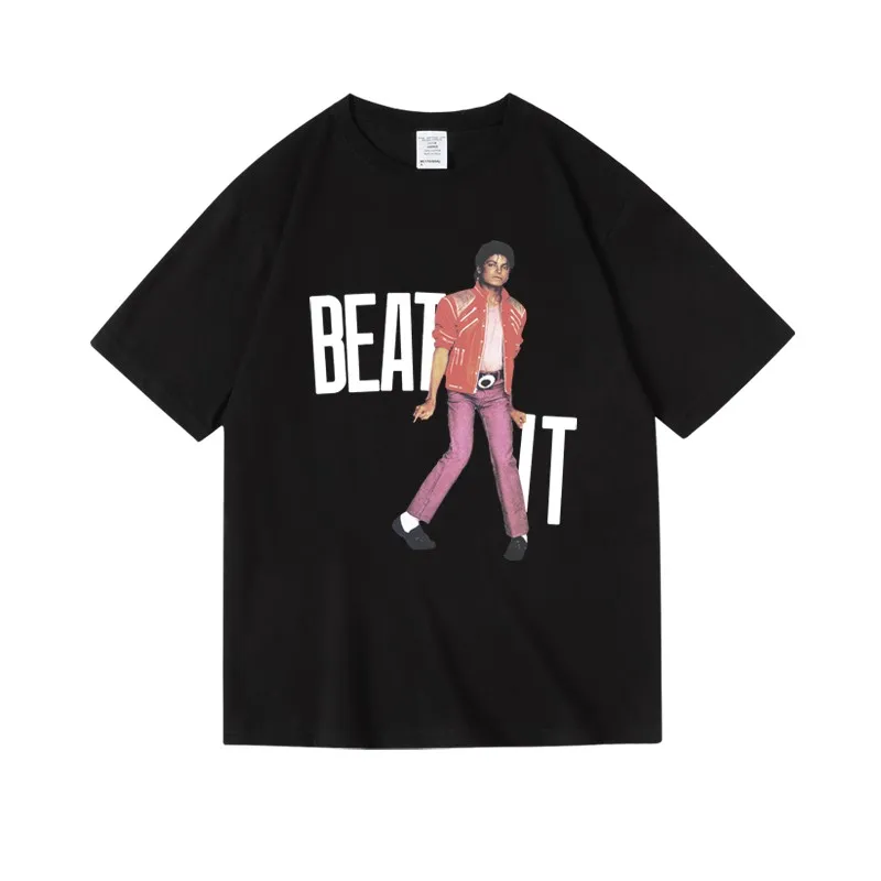 American Michael Jackson Mj Retro Print Cotton Round-neck Short-sleeved Vintage Streetwear Top for Boys and Girls