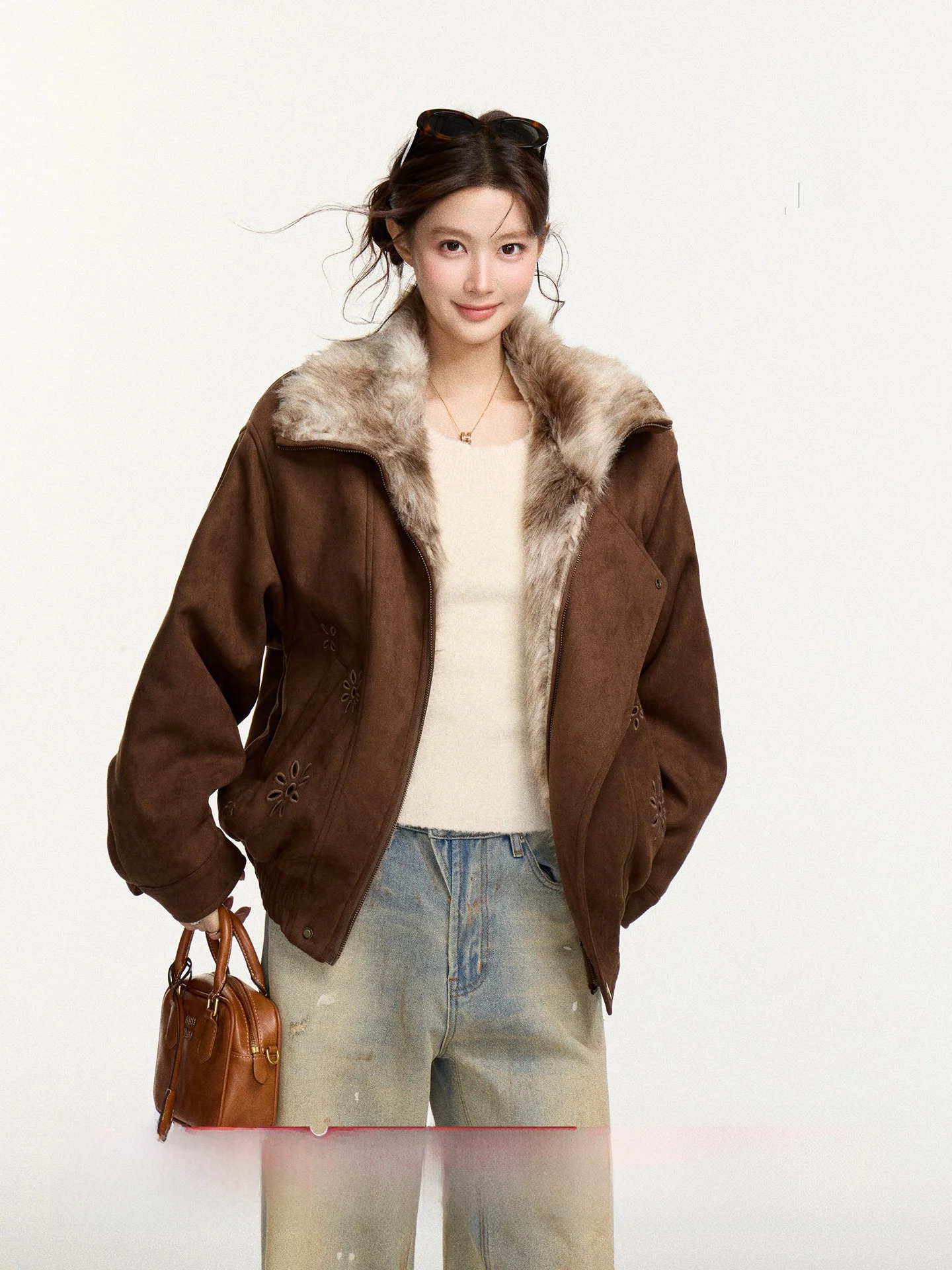 

Exquisite Embroidered Loose Fit Zipper Jaet Women's Winter Vintage Sle Fluffy Outerwear Warm Casual Long Sve Coat