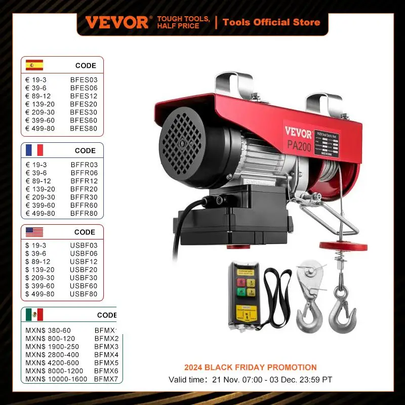 VEVOR Electric Hoist Crane Wire Cable Winch Lift 200-1000KG With Wireless Remote Control Boat Car Garage Engine Lifting Motor