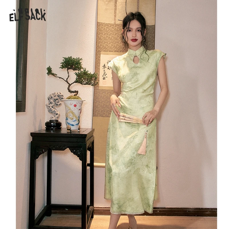 ELFSACK 2024 Spring New Arrivals Neo-Chinese Style Stand Collar Cheongsam Women Elegant Traditional Chinese A-line Dress