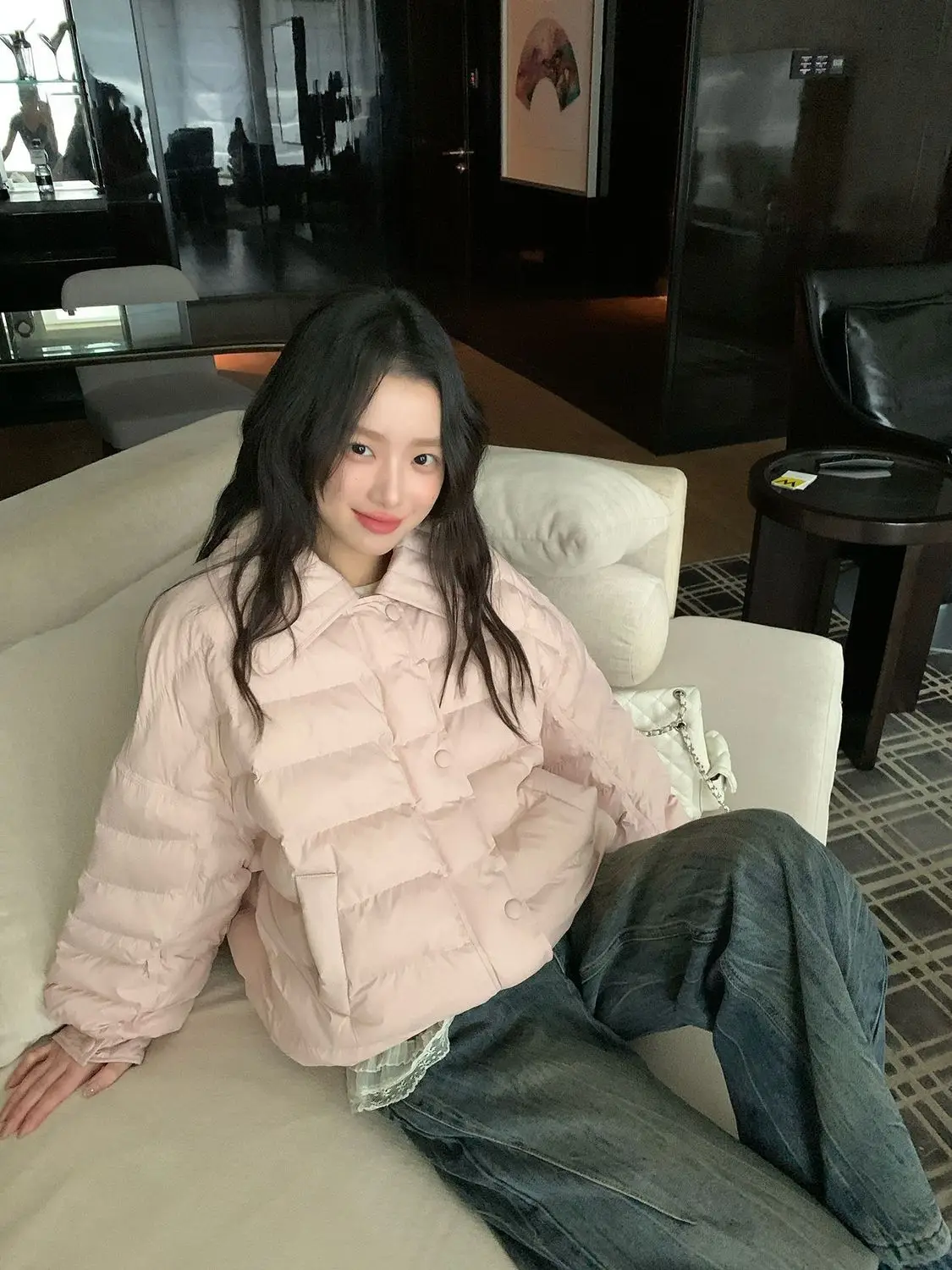 

Pink Cotton Jacket Women's Winter Thickened Warm Lightweight Sweet Anti-Aging Korean Style Loose Fit Long Sleeve Collar