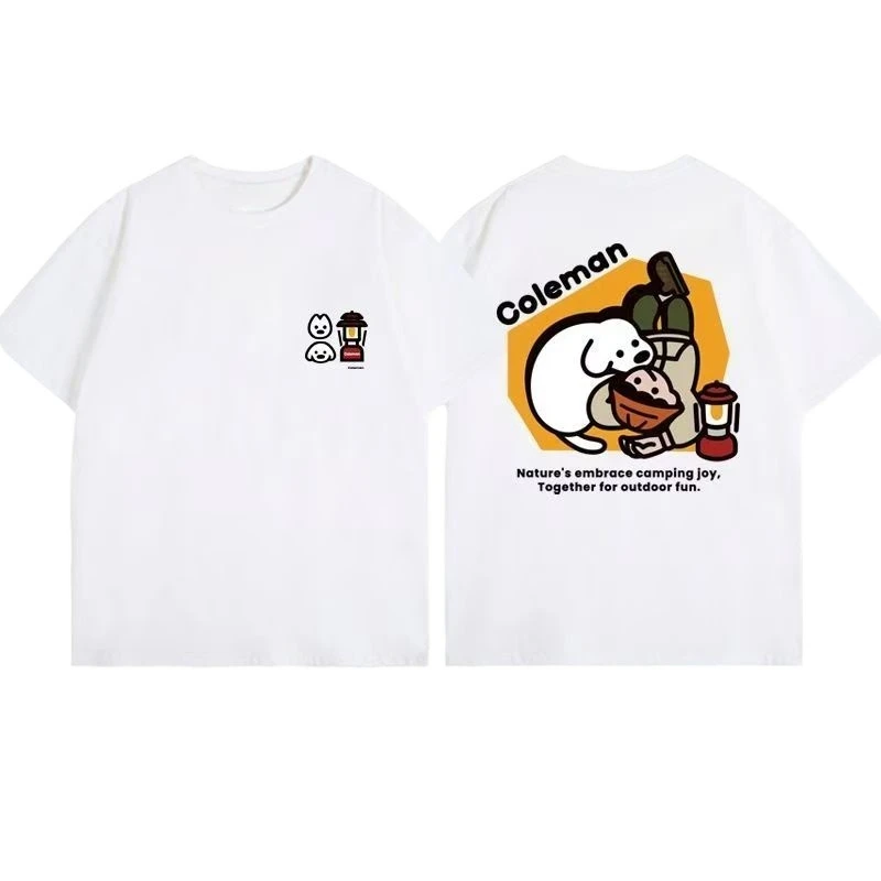 2026  Men Casual Short Sleeve T-Shirt Cartoon Puppy Camping Print Crew Neck Cotton Tees Outdoor Daily Wear