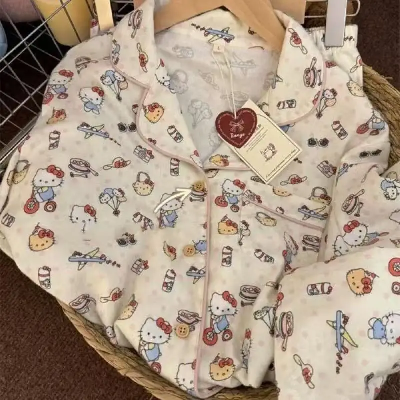 ชุดนอนลายการ์ตูนเฮลโลคิตตี้น่ารักสำหรับผู้หญิง ชุดนอนแขนยาวขายาวสำหรับฤดูใบไม้ผลิ/ฤดูใบไม้ร่วง เหมาะสำหรับนักเรียน หอพัก และใช้ในบ้าน ชุดซานริโอ