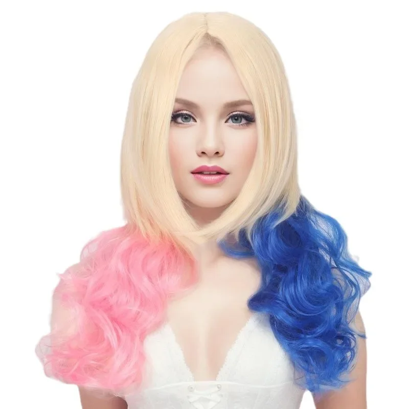 Peluca de Cosplay de payaso de película para mujer, malla con botones de 24 pulgadas, pelo simulado de seda de alta temperatura, cubierta decorativa para el cabello rizado rosa y azul