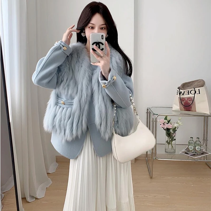 2023 High Quality Wool Coat Two Piece Women\'s Spring and Autumn Fashion Short Fox Fur Grass Vest O-Neck Gold button real Fur Jac