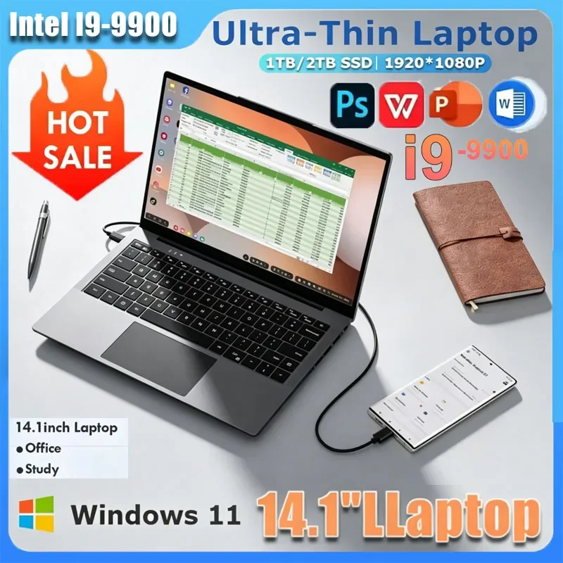 Laptop Slim de Alto Desempenho Intel I9-9900 com Grande Memória RAM e SSD Rápido para Uso Diário no Escritório, Laptop Ultra Slim de 14.1 Polegadas