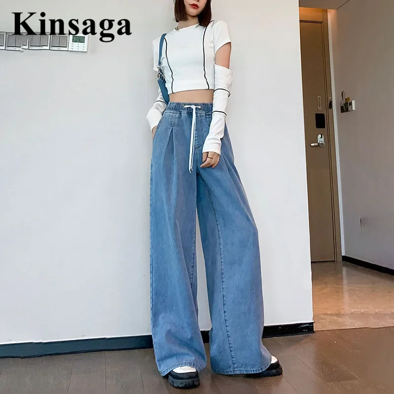 

High Street Wide Leg Mopping Jeans Women Aesthetic All-match Pleated Elastic Waist Straight Denim Trouser Casual Chic Folds Pant