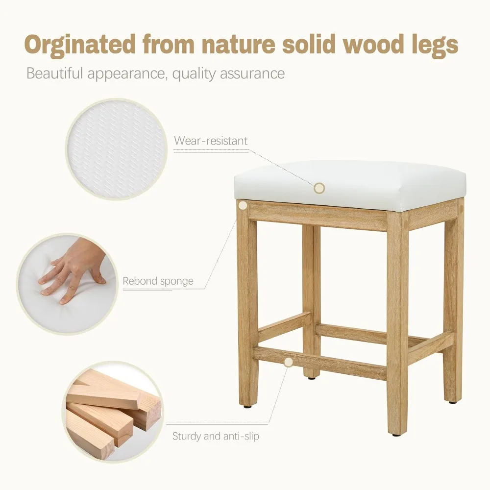 เก้าอี้บาร์สีขาวแบบไม่มีพนักพิง ชุด 2 ตัว สไตล์โมเดิร์นฟาร์มเฮาส์ หุ้มด้วยหนังเทียมสำหรับเคาน์เตอร์ครัว