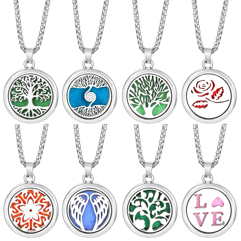 Trendy 20mm Tree of Life Stainless Steel Aromatherapy Lockets Insert Pad Perfume Pendant Necklace Essential Oil Diffuser Jewelry