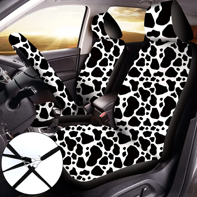 13PCS Cow Print Car Seat Cover Kit, Car Steering Wheel Cover, Seat Belt Pads, Car Coasters, Armrest Pad, Wrist Holder