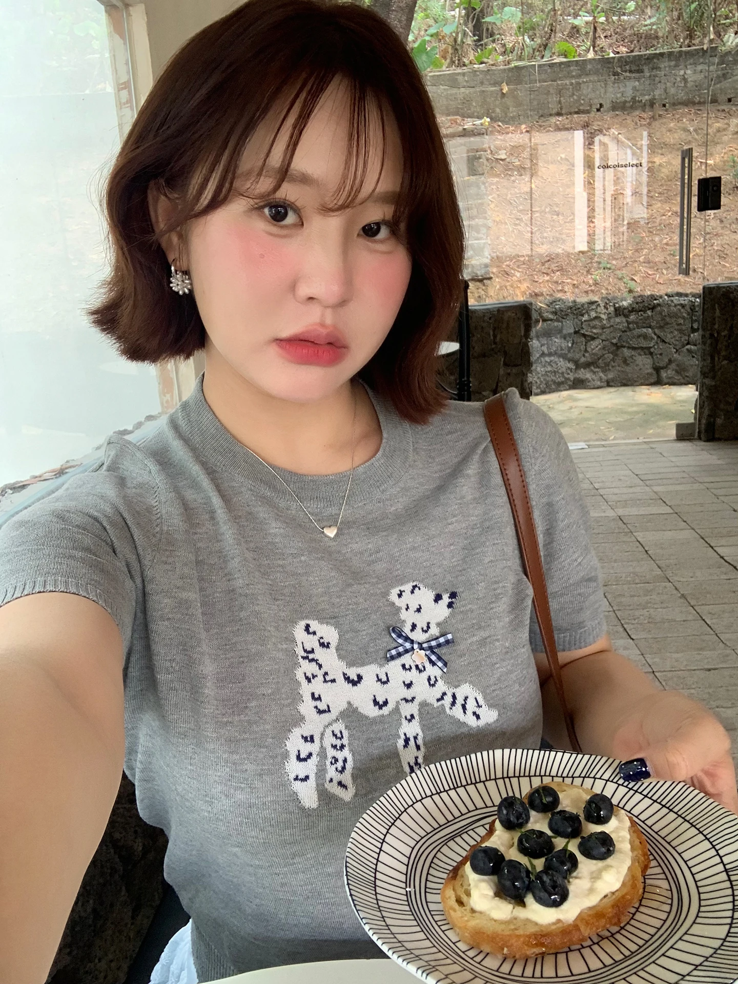 

Милая вязаная футболка с вышивкой собаки, короткий рукав, круглый вырез, повседневный стиль, корейский стиль, мягкая, из смеси полиэстера, нейлона и шерсти.