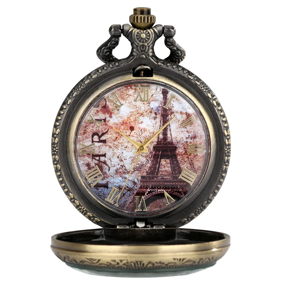 Transparent Glass Eiffel Tower Dial Design Quartz Pocket Watch Roman Numbers Display Pendant Clock Necklace reloj with Accessory