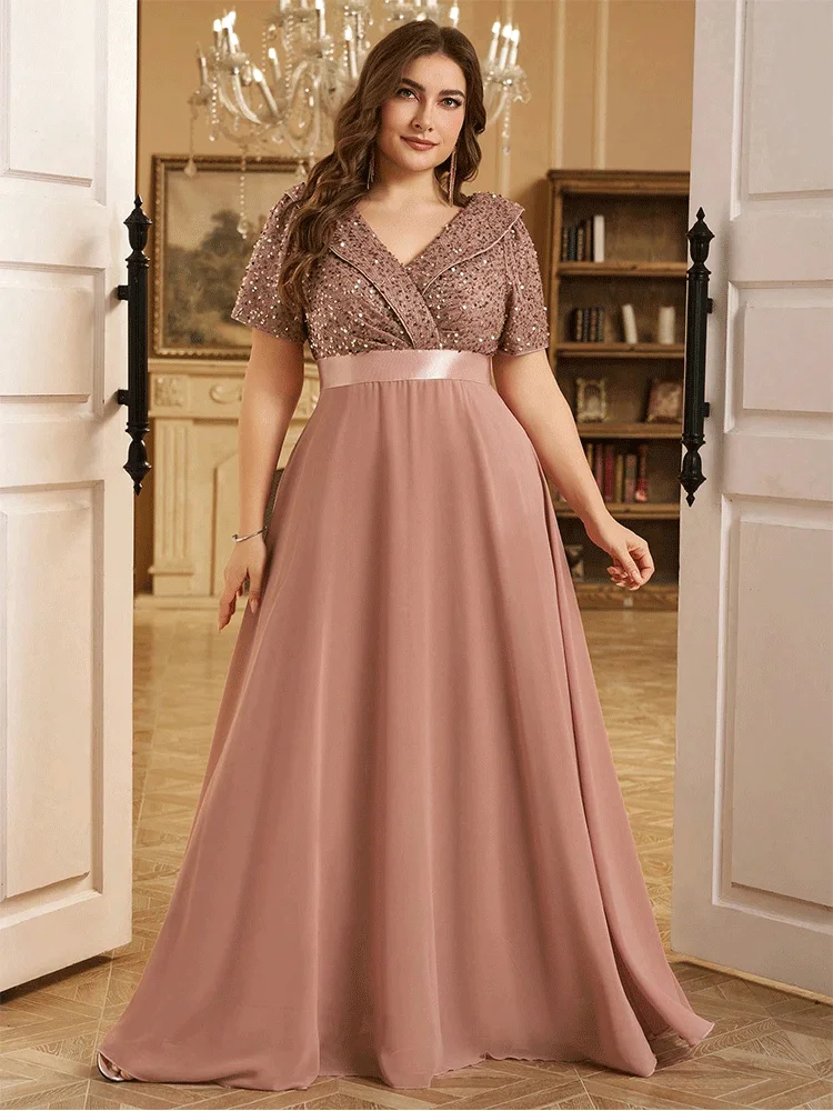 Robe de Soirée de Luxe à Paillettes, Grande Taille, Col en V, Manches Courtes, Brillante, Longueur