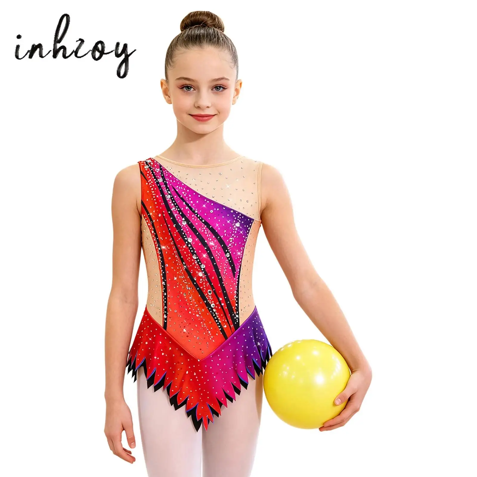 Maillot de Gimnasia Rítmica para Niñas, Sin Mangas, con Botones a Presión en la Entrepierna, con Pedrería, Diseño de Bloques de Color, para Competencia y Actuación