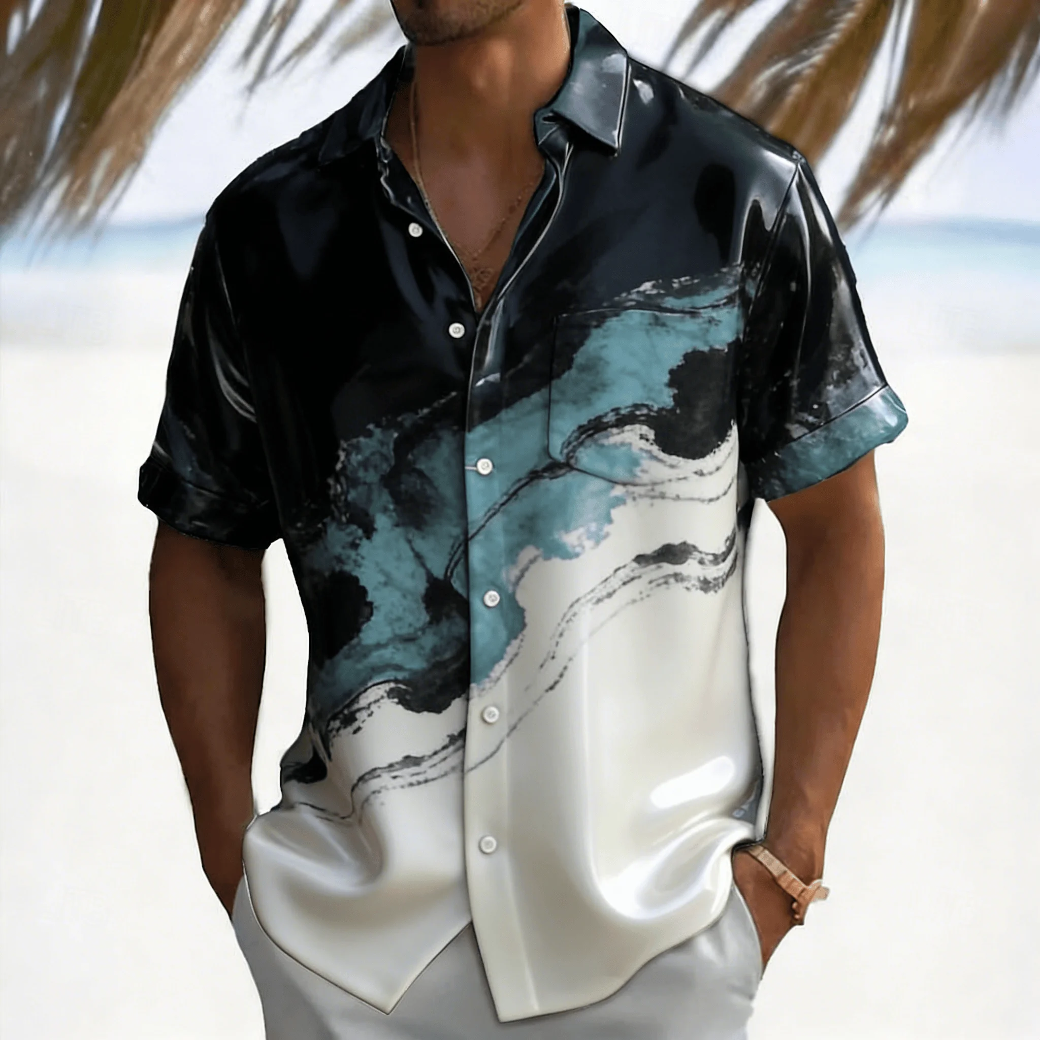 Men's Galaxy Print Short Sleeve Shirt, Swirling Cosmic Fluid Art Design Button Down for Spring Summer Casual