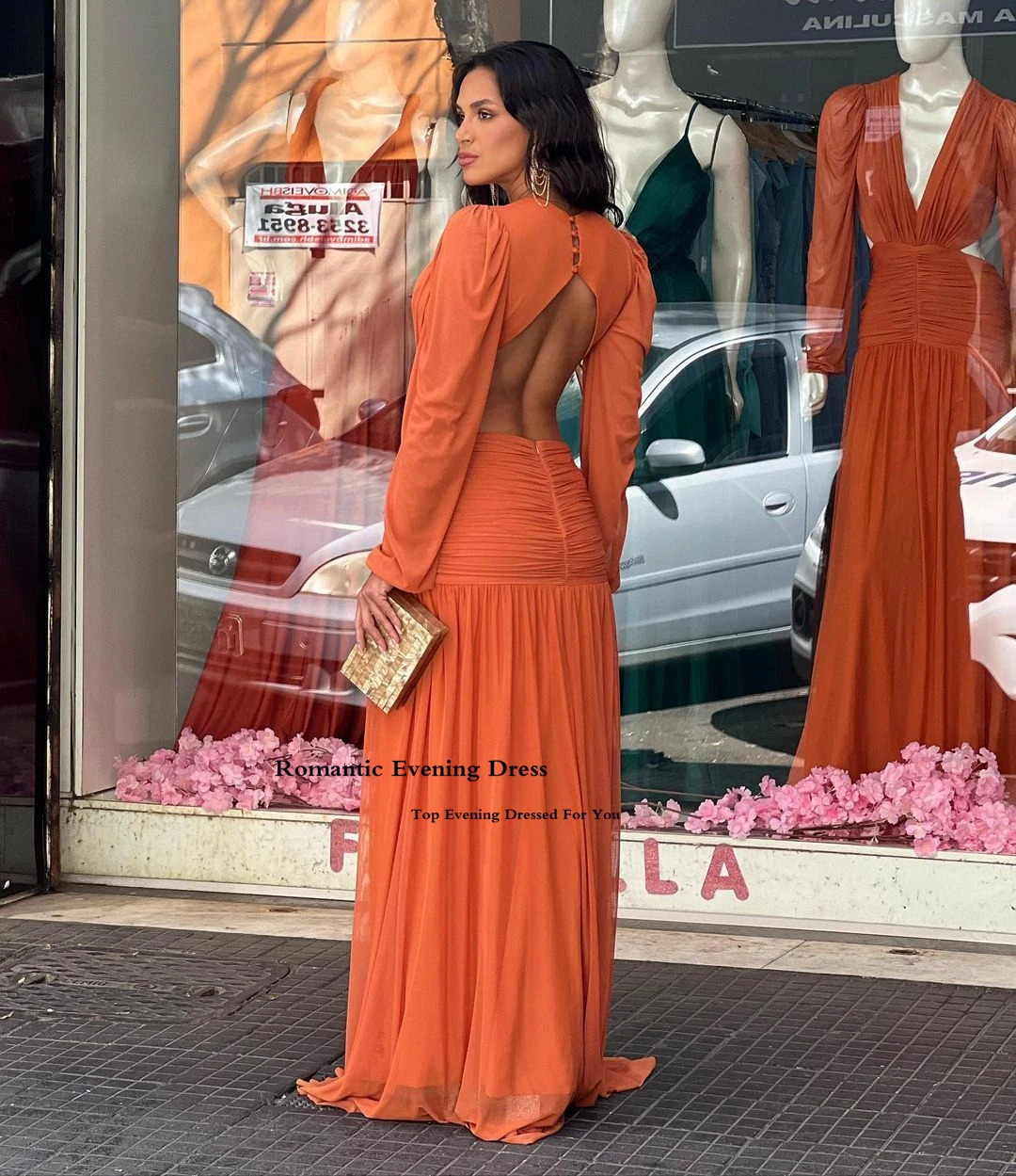 Romantic Simple Cutout Orange Chiffon Prom Dresses Elegant V-neck Backless Long Prom Gowns Formal Party Long Sleeves Women 2022