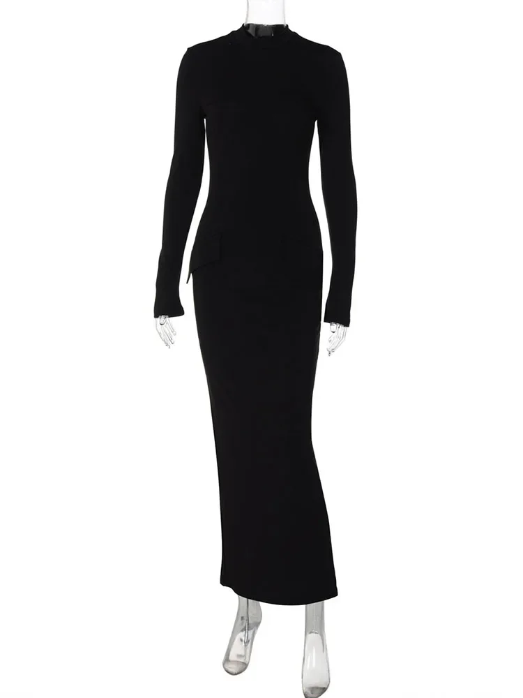 Trendix Slim Elegant Evening Dress Femme Autumn Fashion Pocket Patchwork Long Sleeve Slit Maxi Dresses Women Party Vintage Dress