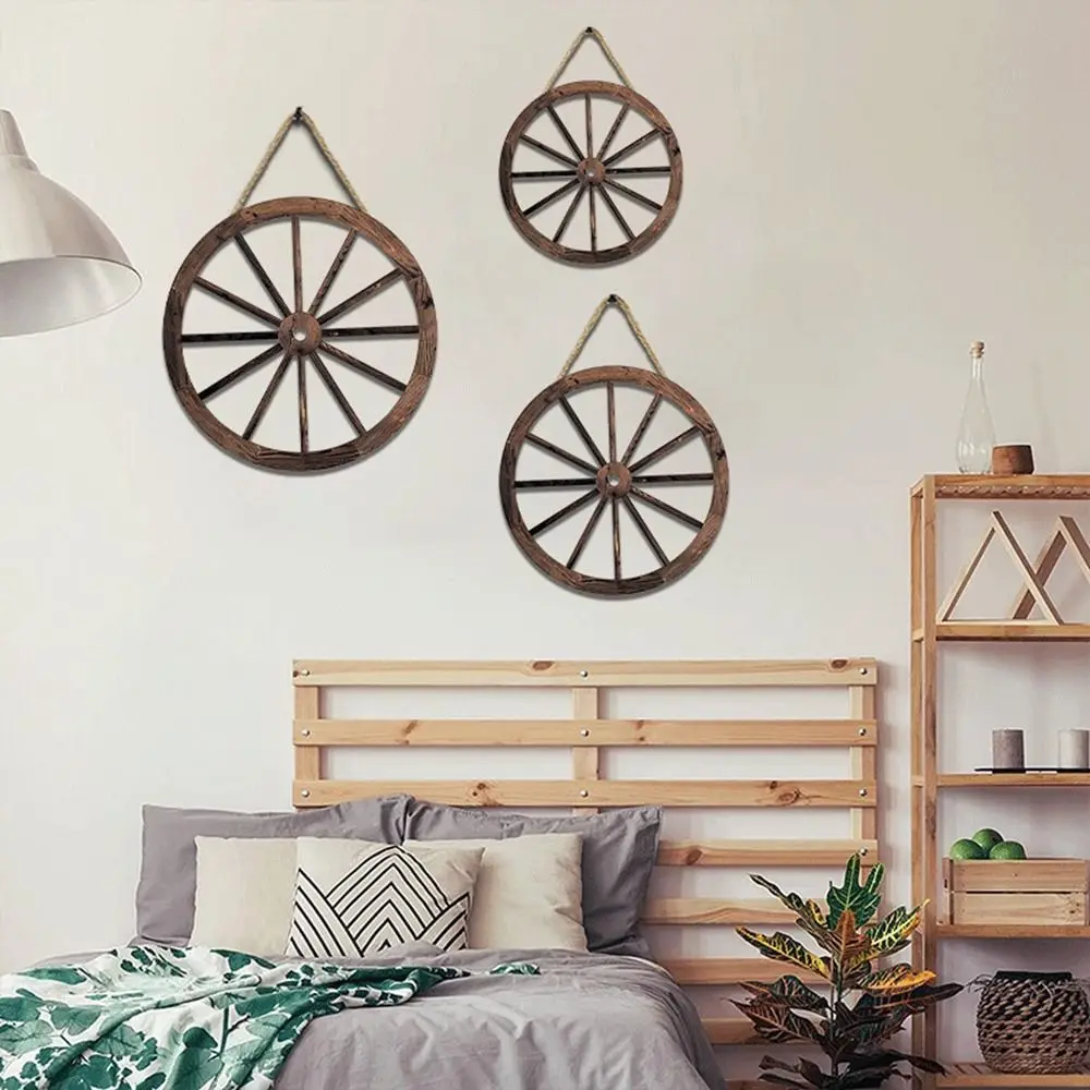 

3Pcs/set Wall Art Wooden Wheel Pendant Wagon Wheel Solid Wood Wagon Wheel Wall Hanging Odorless With Hanging Rope Bar