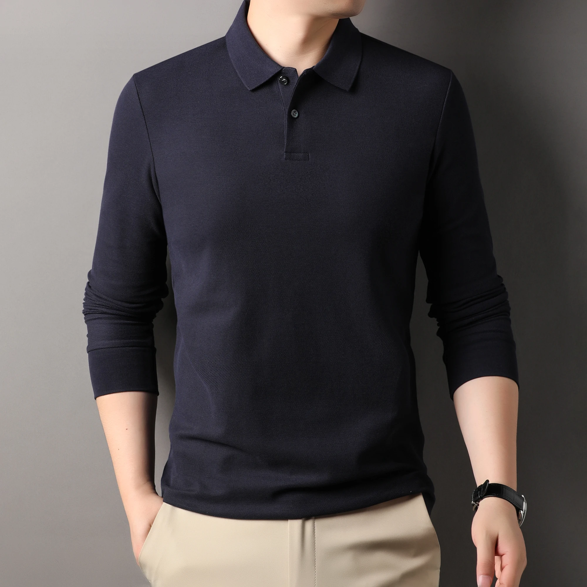 New 2024 Autumn Classic Solid Men\'s Polos 100% Pure Cotton Long Sleeve Business Tops Long Sleeve Male 10 Colors Polo Shirts