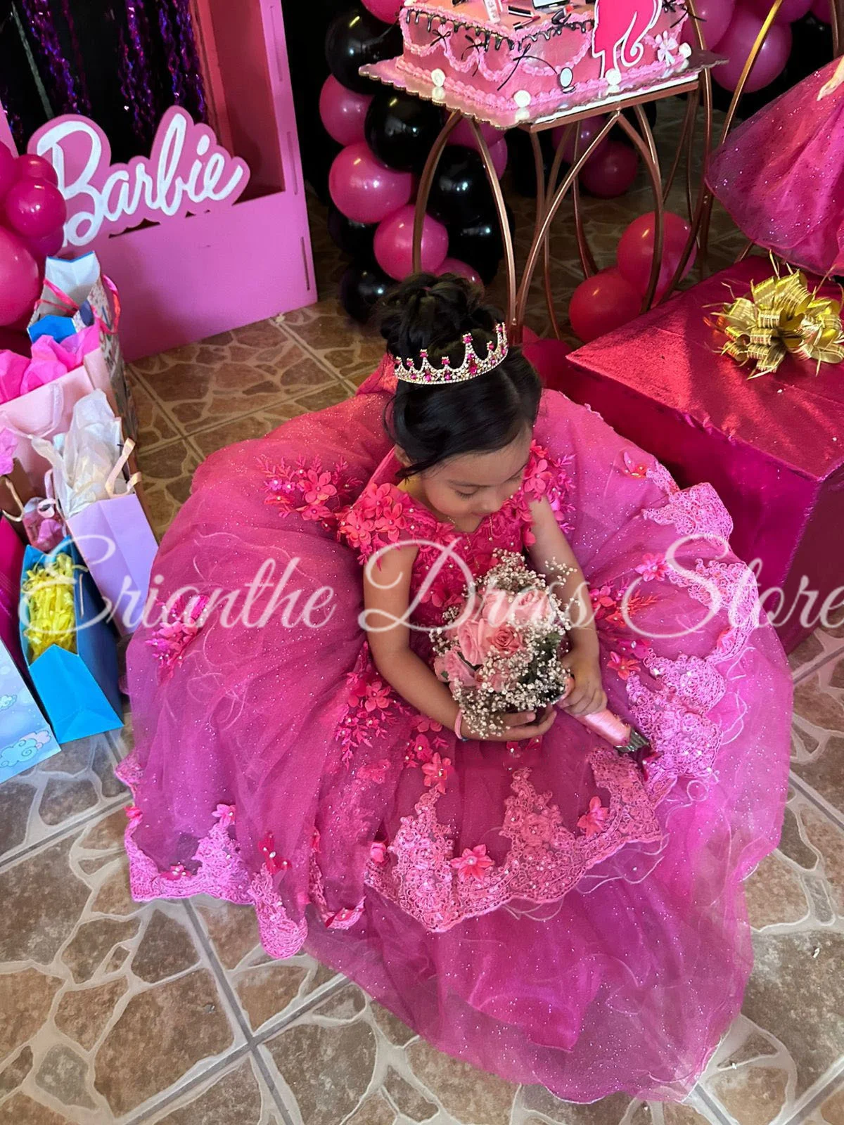 

Розовое блестящее платье с цветочным узором для девочек по индивидуальному заказу на свадьбу, тюлевое пышное кружевное платье с аппликацией, детское бальное платье для дня рождения, первого причастия