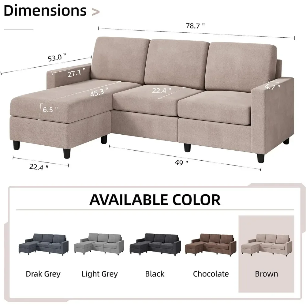 Convertible Sectional Sofa Couch, Modern Linen Fabric L-Shaped Couch 3-Seat Sofa Sectional with Reversible Chaise