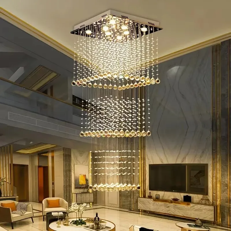 Duplex Livingroom Large Chandelier Square Hotel Villa Self-Built Room Modern Creative Crystal Hollow Staircase Long Line Hanging