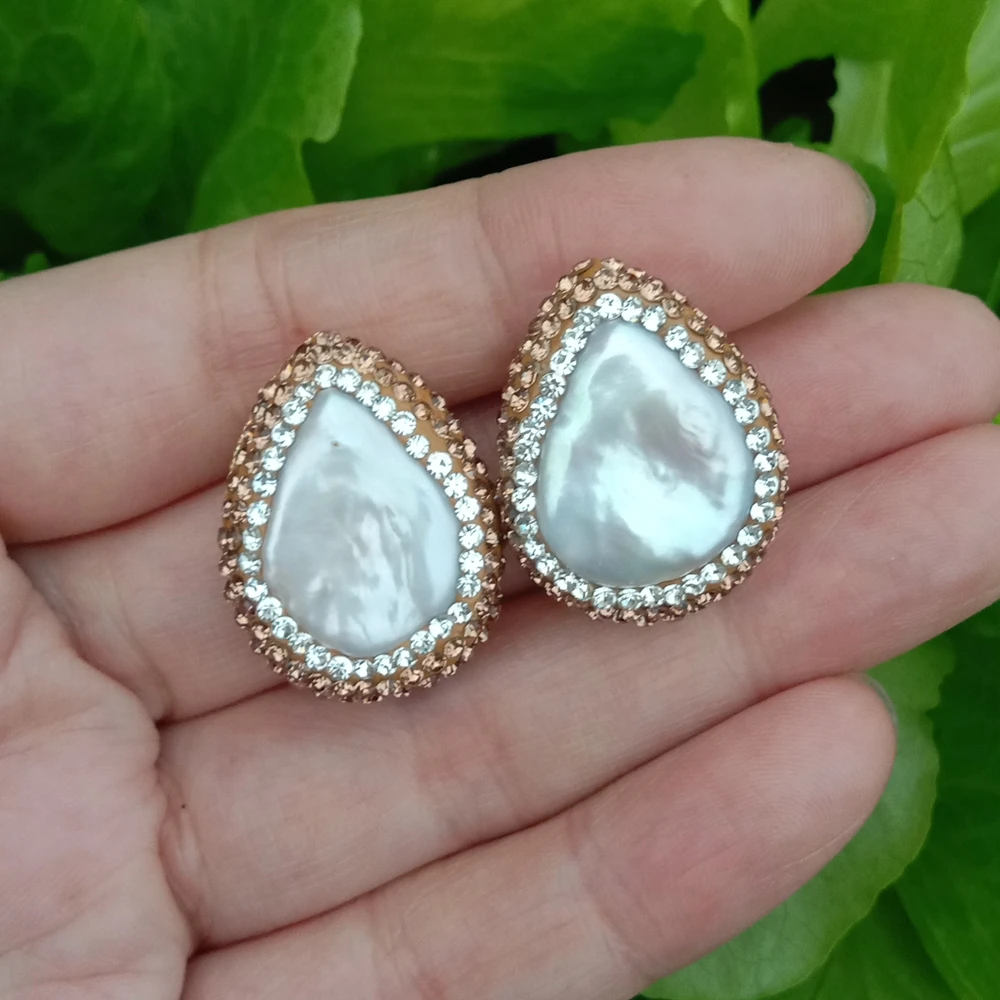 3 Pairs Real Freshwater White Pearl Teardrop Shape Crystal Pave Stud Earrings