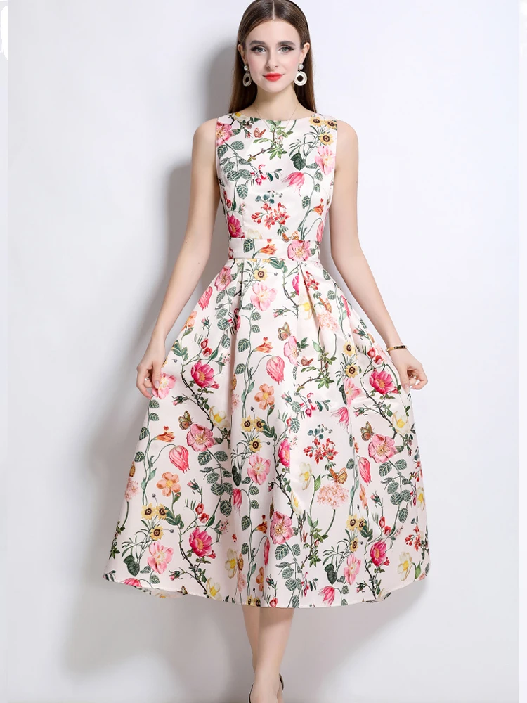 

Elegant Printed Sleeveless Slim Fit A-Line Dress 2025 Summer New Fashionable Women'S Clothing