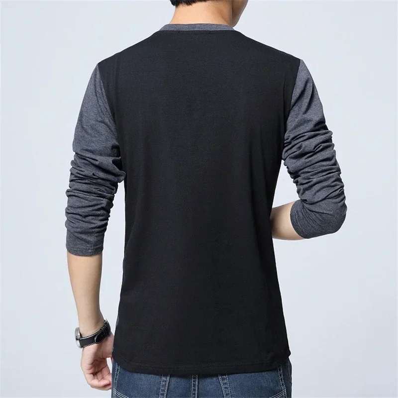 TFETTERS Top Brand Autumn Vintage Men T-shirt Long Sleeve Patchwork Black&gray V Neck T Shirts for Men Teeshirt Plus Size M-5XL