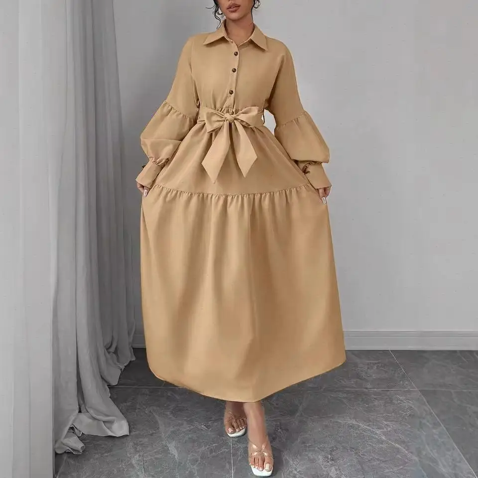 Long Dress Women Dresses A Line Vestidos Turn Down Collar Puff Sleeve Pleated Lace Up Elegant Splice Y2k Streetwear Work 2026