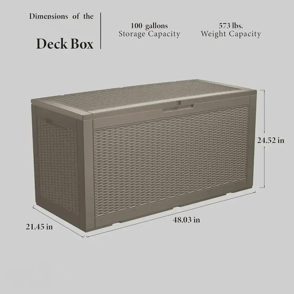 100 Gallon Resin Deck Box - Lockable Waterproof Storage for Outdoor and Indoor Use, UV-Resistant, Grey