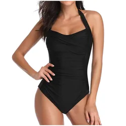 Women One Piece Push Up Padded Bikini Swimsuit Halter Leakage Back Slim Swimwear Summer Solid Beach Bathing Suit  Monokini