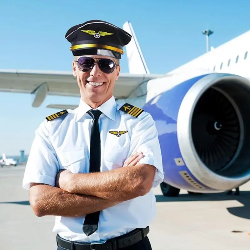 652F Flight Attendant Costume Airline Captain Outfits Captain Hat Uniform Epaulets Neck Tie Glove for Men Women Halloween