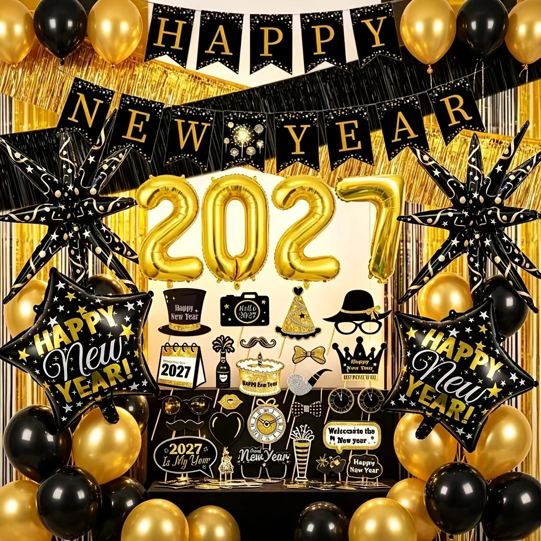 44Pcs Black Gold New Year Party Decorations, Happy New Year Banner, Tissue Paper Pom Poms, 16 Inch 2027 Gold Foil Balloons, Roun