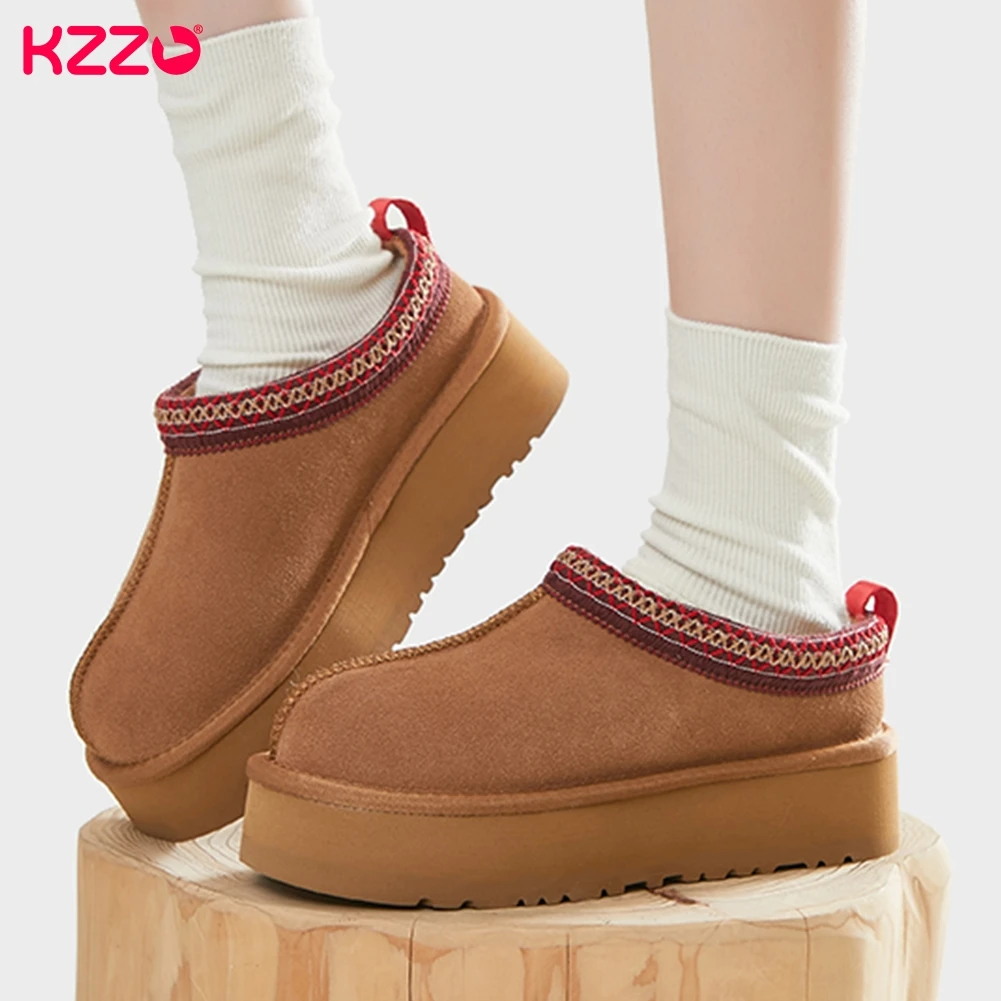 KZZO New Arrive Women Ultra Mini Platform Snow Boots Cow Suede Leather Natural Wool Fur Lined Ankle Winter Warm Shoes Maroon