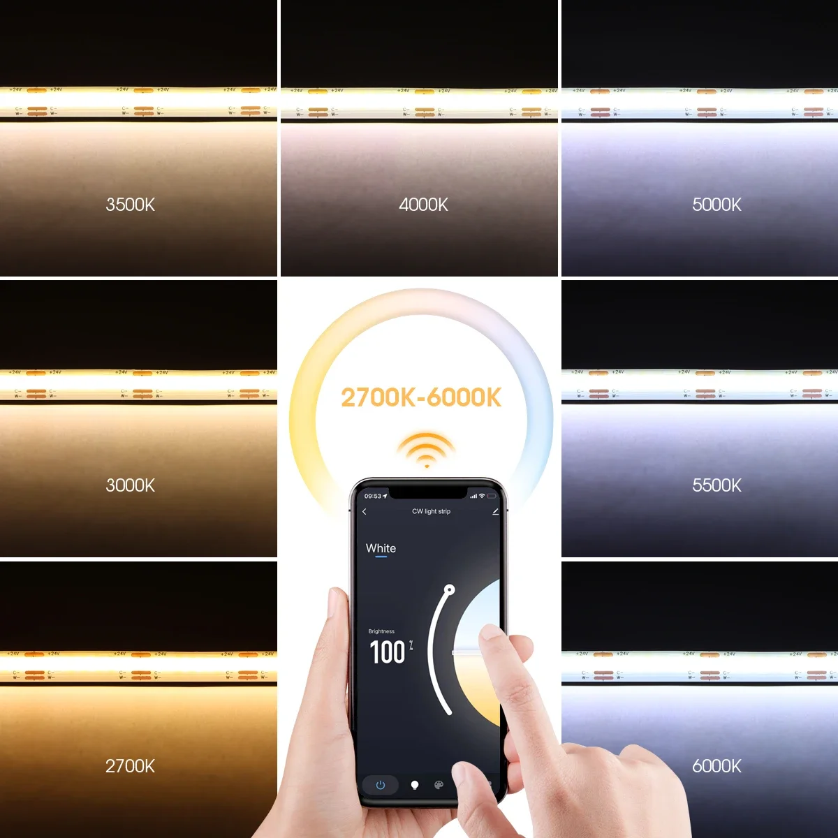 Tuya Smart COB LED Strip DC24V 3M/5M Ajustável 2700K-6500K Faixa de luz CCT regulável para Alexa/Google Home funciona com SmartLife