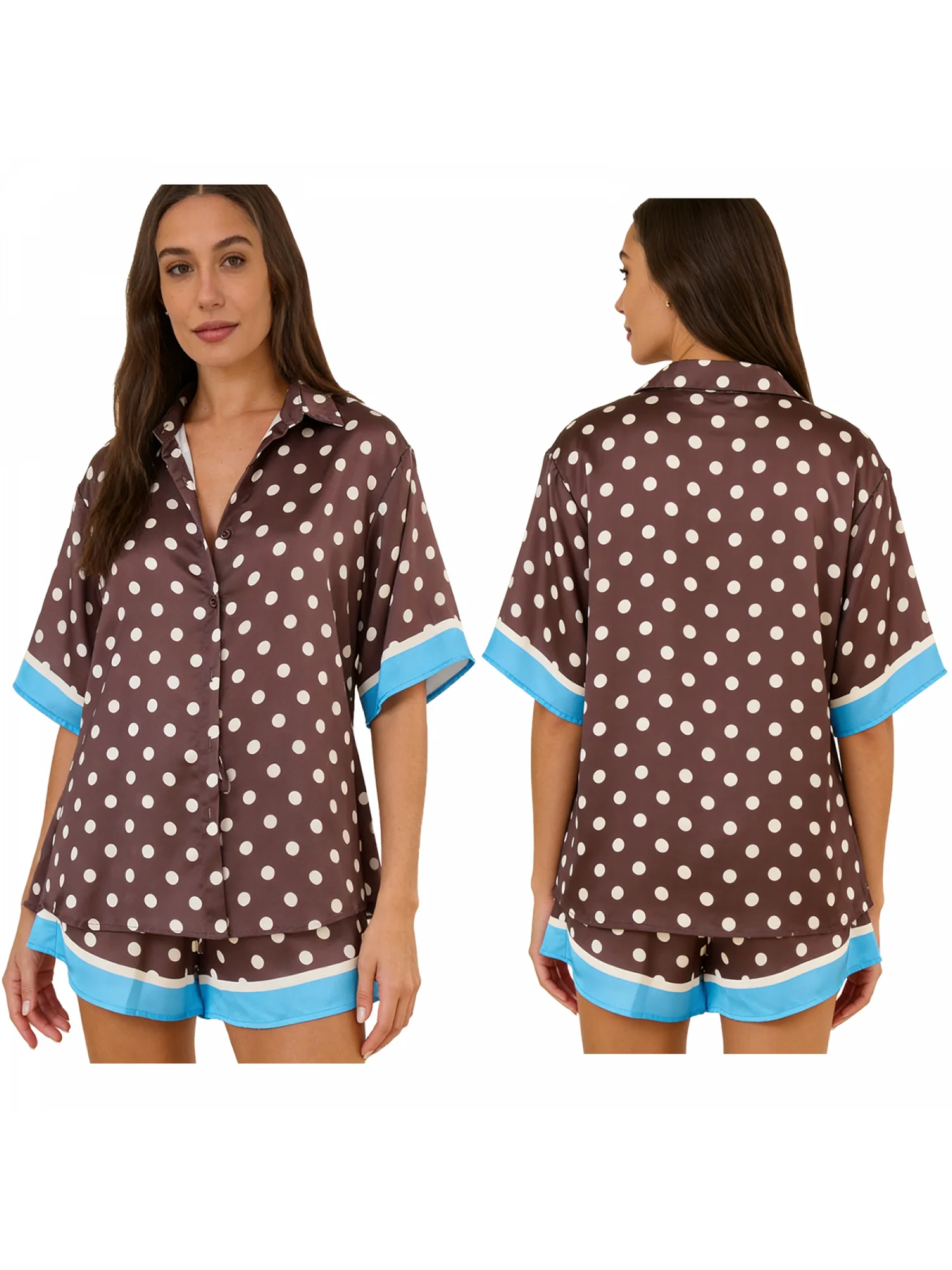 

Women s 2-Piece Pajama Set with Short Sleeve Lapel V Neck Top and Elastic Waist Shorts Featuring Stylish Dot Print