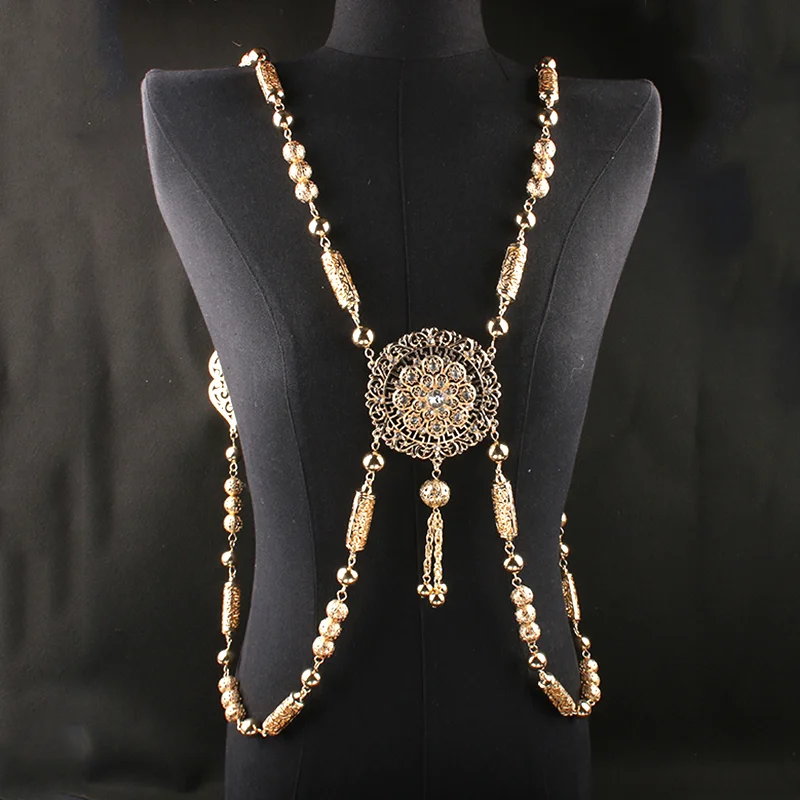 Arabian Ladies Wedding Jewelry Moroccan Chest Shoulder Chain Metal Round Beads Ladies Shoulder Robe Necklace Bridal Gift