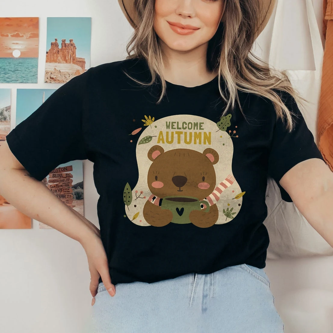 

Vintage Oversized T-Shirt Y2K Cotton Casual Women‘s T-Shirt Short Sleeve Crew Neck Cartoon Cute Brown Bear Welcome Autumn