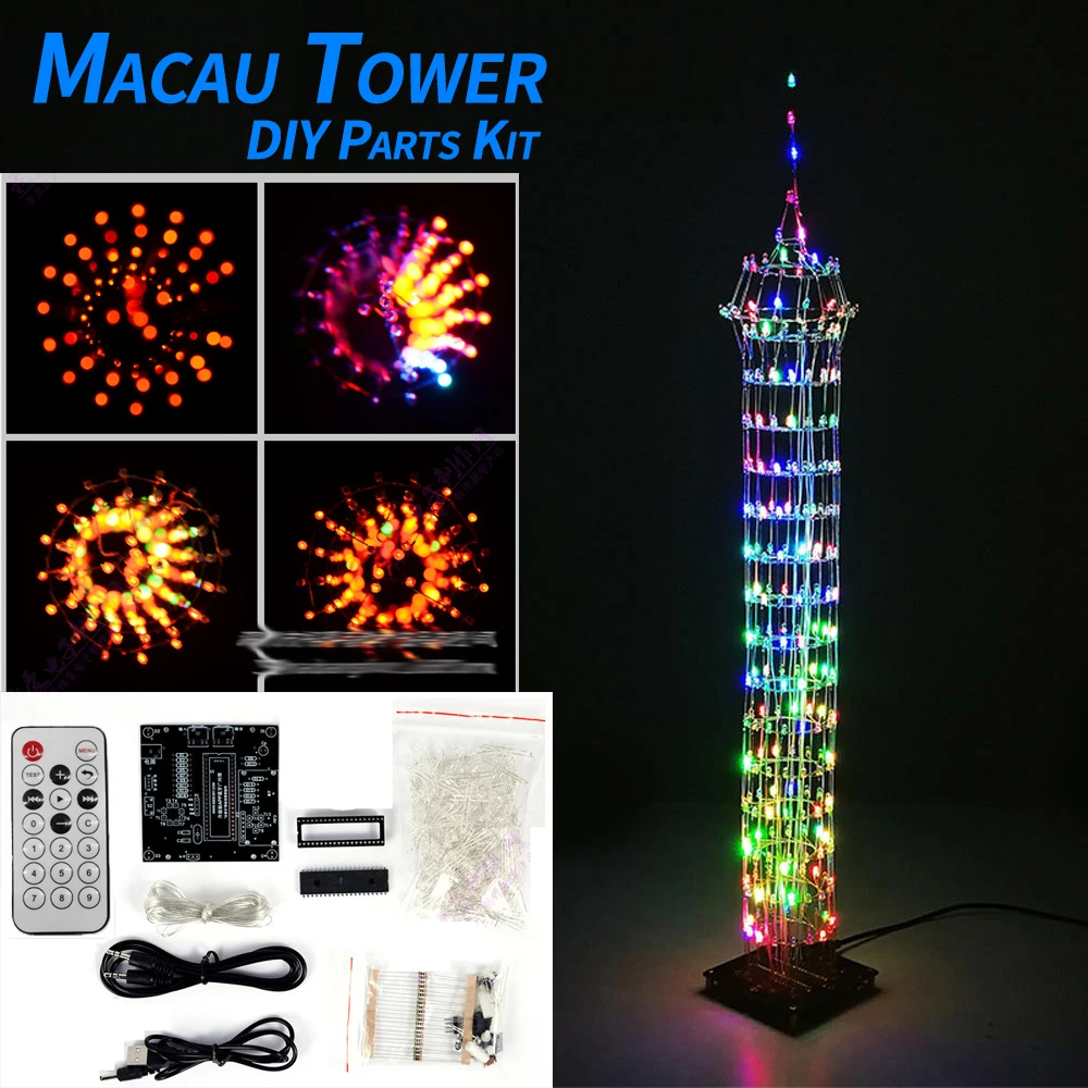 DC 5V DIY Macau Tower LED Light Cube Wireless Remote Control Music Spectrum 16 Offline animation Electronic Parts Kit