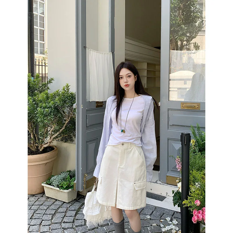 Khaki Workwear  Skirt High Waist Slimming Split A-Line Five-Quarter Length Straight Cut for Women Summer New Style
