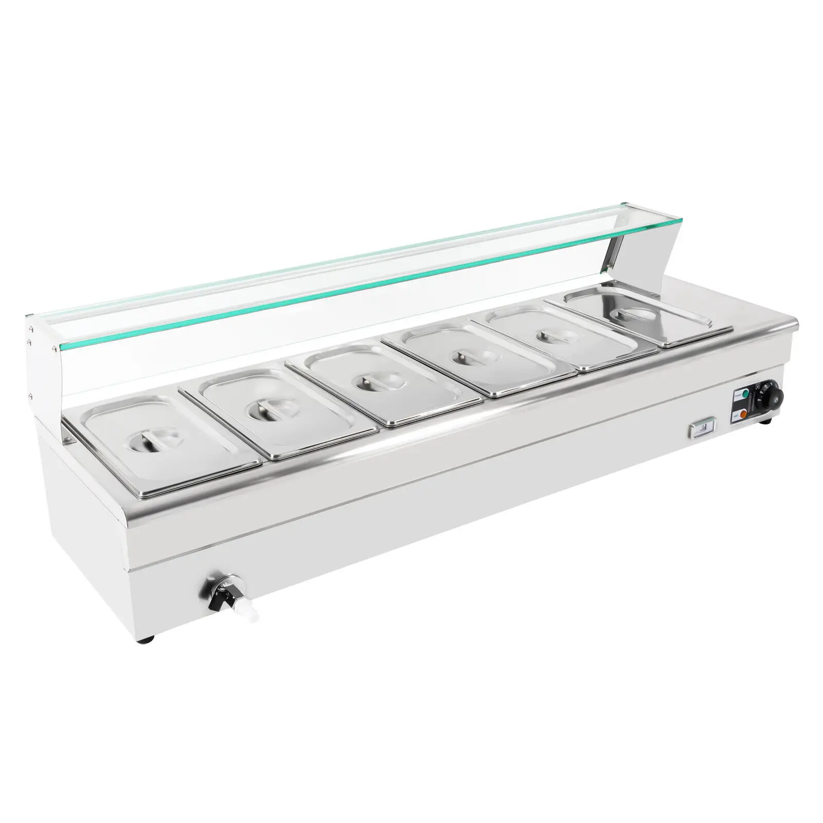 Food Warmer 6 Pan Stainelss Steel Commercial Food Steam Table,1200W Electric Countertop Food Warmer with Tempered Glass Shield