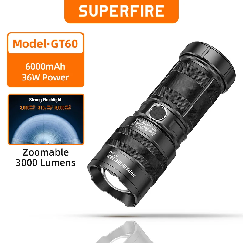 

SUPERFIRE GT60 xhp90 3000lm LED Flashlight with Taillight Zoom USB-C Chargeable Lantern Built in 6000mAh Battery Camping Torch